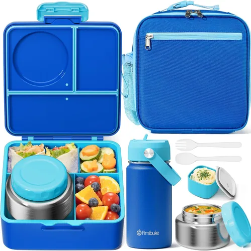 Vista 12 de Fimibuke Caja Bento para niños y adultos – Juego de lonchera Bento de 3 a 4 compartimentos a prueba de fugas con tarro de comida aislado, botella