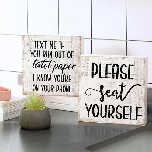 Vista 8 de Jetec 2 Piezas de Decoración de Señales de Baño de Granja, Señales de Madera Divertidas para Pared de Baño, Placa de Madera Rústica "Please Seat