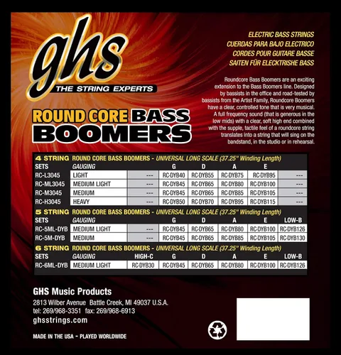 Vista 2 de GHS Strings RC-M3045 Round Core Bass Boomers, 4 juegos, calibre medio, 45-105, (bobinado de 37.25")