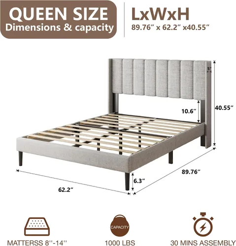 Vista 2 de HAOARA - Base de cama tamaño Queen con cabecera acolchada tapizada en terciopelo y diseño acanalado vertical y respaldo en forma de ala, base