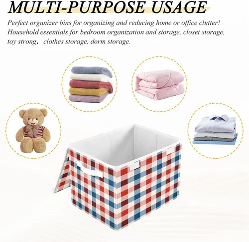 Vista 7 de Ollabaky Caja de almacenamiento plegable patriótica del 4 de julio a cuadros más grande de tela, caja de almacenamiento decorativa, organizador