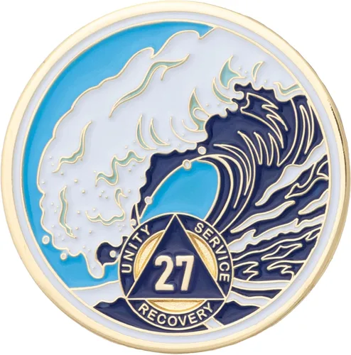 Vista 48 de Moneda AA de 1 año – Medallón de recuperación de ondas estrelladas de Sobriety Mint – azul/blanco/dorado