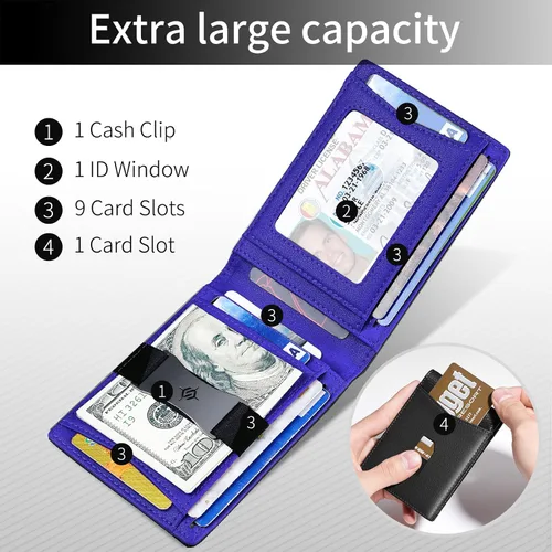 Vista 4 de SHOUCANGAR Billeteras para hombre delgadas con 11 ranuras para tarjetas, billetera RFID minimalista con bolsillo frontal, cartera de tarjetas