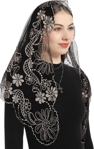 Vista 4 de Bozidol Mantilla triangular con velo de iglesia Cruz de cáliz bordado, velo de misa católica vintage para mujer