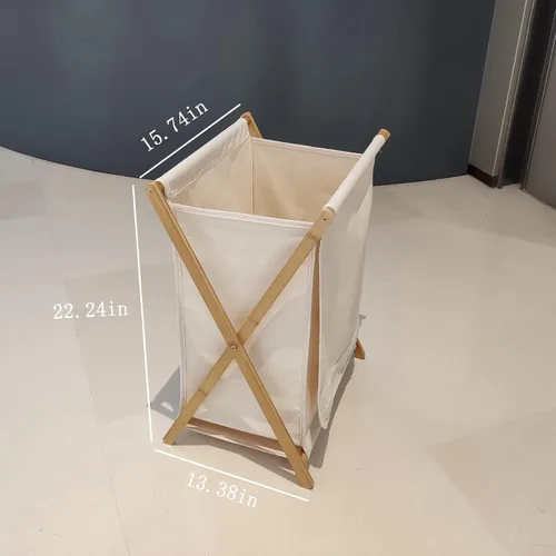 Vista 3 de Cesta de lavandería de madera de bambú con tapa plegable para ropa sucia, almacenamiento plegable para el hogar
