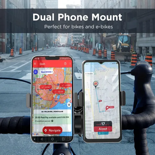 Vista 5 de ENCASED Soporte de teléfono para bicicleta doble, soporte ajustable para 2 teléfonos celulares, ajuste universal