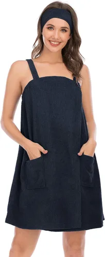 Vista 7 de Veseacky Toalla de baño para mujer con bolsillo, bata de spa ajustable y diadema facial