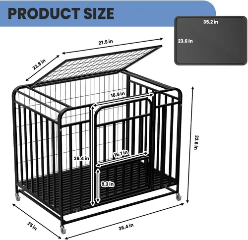 Vista 8 de Jaula de metal resistente para perros de 38 pulgadas, construcción de acero de aleación reforzada con puertas dobles, ruedas móviles y acabado