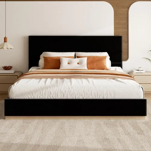 Vista 10 de Base de cama de plataforma de tamaño completo con cabecero, cama de terciopelo con base sólida con listones de madera, base de colchón resistente