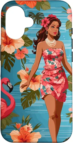 Vista 31 de iPhone 12 Pro Max Vintage Tiki Design - Funda hawaiana retro de flores hula y flamencos