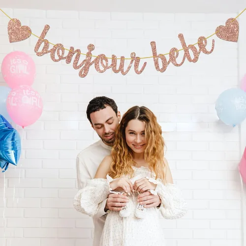 Vista 4 de Cartel Bonjour Bebe con purpurina de oro rosa, decoración de fiesta de primer cumpleaños, cartel de bienvenida Oh Baby Shower Banderines