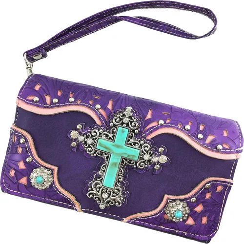 Vista 2 de Zelris Turquesa Rhinestone Cross Western Mujeres Crossbody Muñeca Trifold Wallet (Púrpura), Púrpura, Zelris Cruz Turquesa