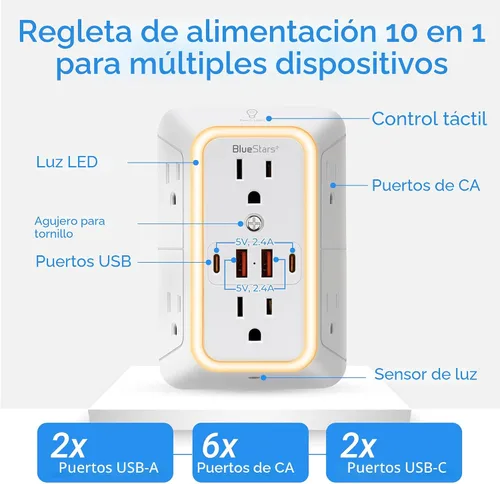 Vista 2 de Regletas de corriente para montaje en pared, cargador de pared, extensor de 6 enchufes, 4 puertos USB (5V, 2.4A, 12W) y luz nocturna, regleta