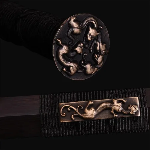 Vista 5 de Quan - Espada china hecha a mano, espada Han de ocho caras, forjada en acero de Damasco, accesorios de espada Han de cobre puro