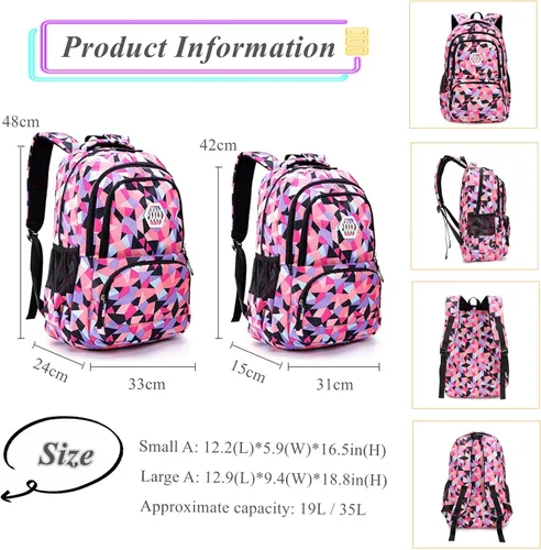Vista 3 de Bansusu - Mochila para estudiantes, diseño geométrico, escuela primaria, para niñas