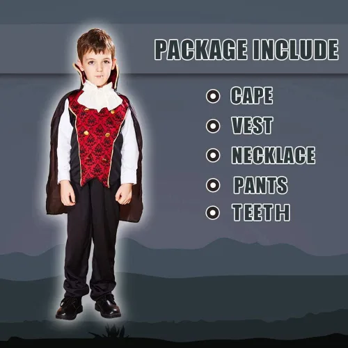 Vista 6 de Snailify Disfraz de vampiro para niños conjunto completo de Halloween con collar de capa colmillos