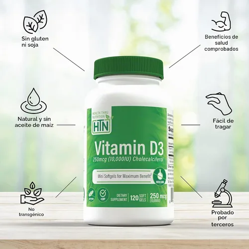 Vista 3 de Health Thru Nutrition Vitamina D3 10,000iu - 250 mcg 120 Mini cápsulas