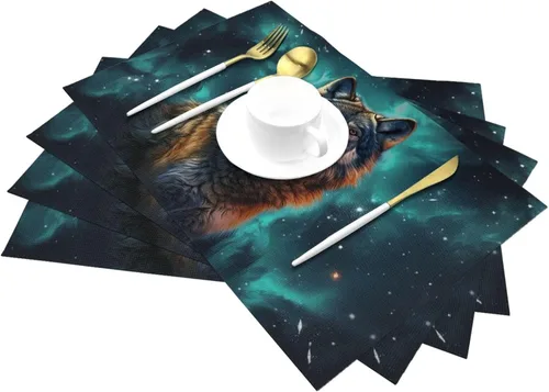 Vista 6 de 6 PCS PVC Placemats Set Place Mats A Wolf Stands in Front of The Starry Sky Non-Slip Weave Place Mats 12" x 18" Farmhouse Table Mat Set for Family