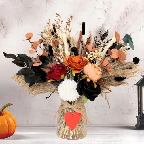 Vista 10 de Flores artificiales blancas y vegetación con jarrón, centro de mesa de arreglo floral sintético para mesa de comedor, flores de seda realistas