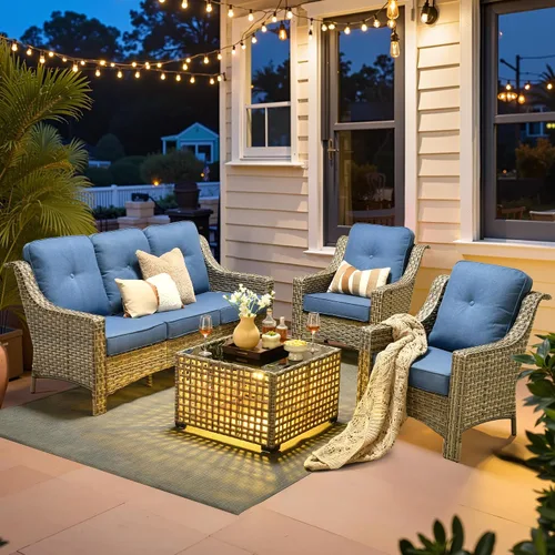 Vista 19 de ovios Muebles de patio al aire libre de 4 piezas con sofá de 3 asientos, juego de cubierta de mimbre de ratán con respaldo alto, sofá individual