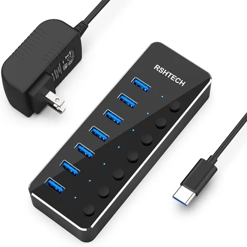 Vista 11 de Concentrador USB alimentado RSHTECH de 4 puertos USB C a USB 3.0, expansor de concentrador de aluminio portátil USB 3.0 con adaptador de CA de 5 V e