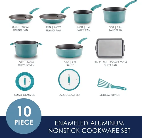 Vista 5 de Rachael Ray Cook + Create - Juego de utensilios de cocina antiadherentes de aluminio, 10 piezas, azul agave
