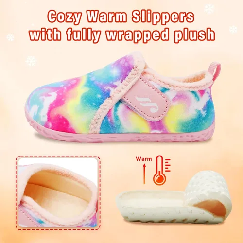 Vista 4 de JIASUQI Pantuflas mullidas para niños pequeños, zapatos cálidos para la casa para niños y niñas