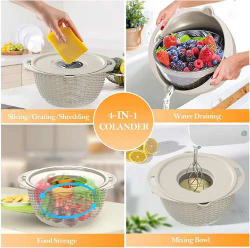 Vista 6 de Colador 4-1 con juego de cuencos, coladores y coladores de alimentos, cuenco para lavar frutas con colador, colador giratorio para cocina, accesorio