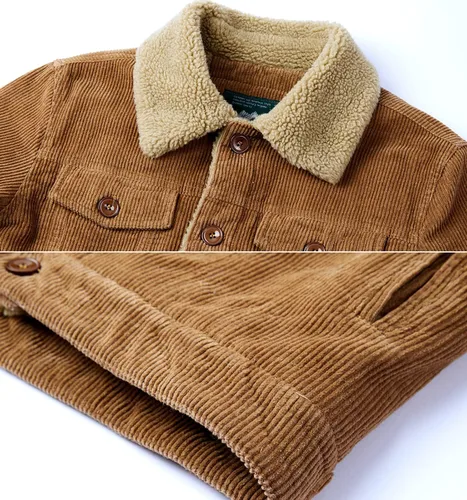 Vista 4 de Chaqueta de pana para hombre, abrigo de vaquero cálido con cuello de piel