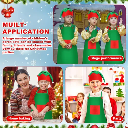 Vista 7 de Handepo - Conjunto de delantal y gorro de elfo navideño para niños, sombreros de Papá Noel para niños, suministros de fiesta navideña para niños