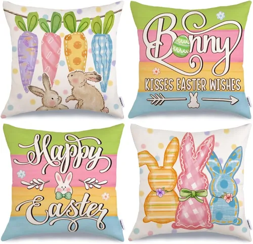 Vista 9 de GEEORY Happy Easter Eggs Hello Peeps - Juego de 4 fundas de almohada de 18 x 18 pulgadas, diseño de conejito de conejito con lunares, decoración