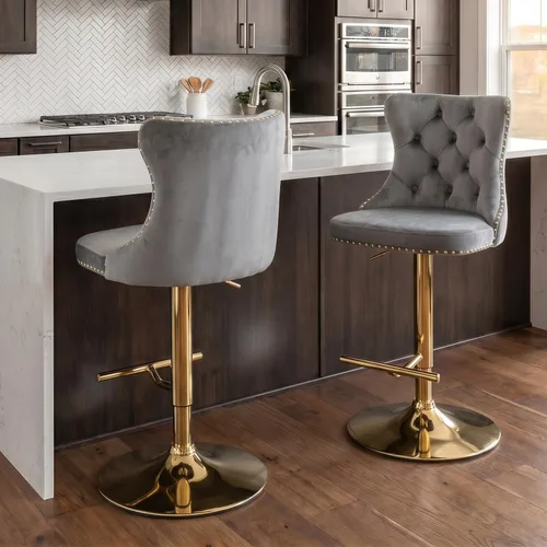 Vista 188 de SoarFlash Juego de 2 taburetes de bar tapizados de terciopelo moderno con patas de madera, botones acolchados, cabeza de clavo cromada, asiento