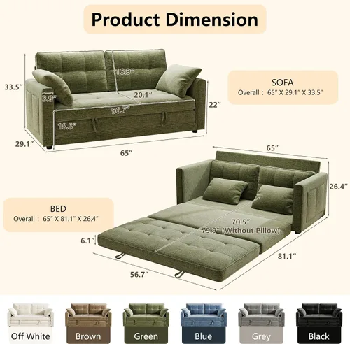 Vista 3 de WorthFurni Sofá cama biplaza de 65 pulgadas, sofá cama convertible de pana para espacios pequeños, sofá cama plegable con asiento profundo