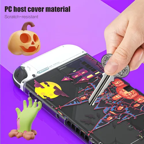 Vista 5 de Halloween Decoration Switch OLED Case, Switch OLED Protective Case with TPU Joycon Covers and Glass Screen Protector and Thumb Grip Caps
