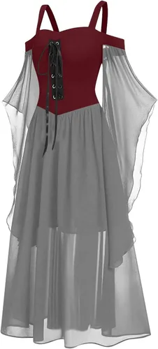 Vista 2 de Vestido punk gótico para mujer, vestido de fiesta de cosplay de Navidad, disfraz de Halloween, conjunto bohemio, vestido gótico de cintura alta