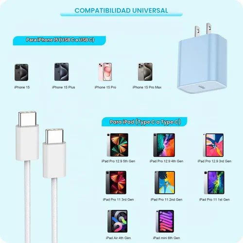 Vista 2 de 【Certificado MFi de Apple】 Cargador rápido USB C de 20 W para iPhone 17 16