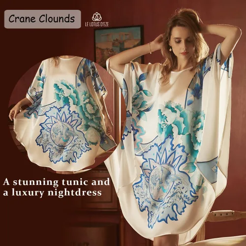 Vista 2 de 100% seda de morera pura diseño de murciélago 2 en 1, un exquisito vestido de túnica camisón lujoso, tamaño libre con gran tamaño también
