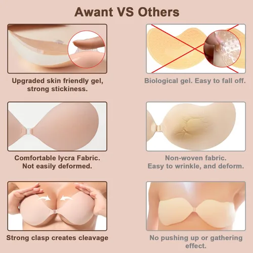 Vista 6 de Awant Sujetador adhesivo sin tirantes Invisible Sticky Boobs Sujetador adhesivo de silicona Sujetador sin espalda Pushup Lift Bra