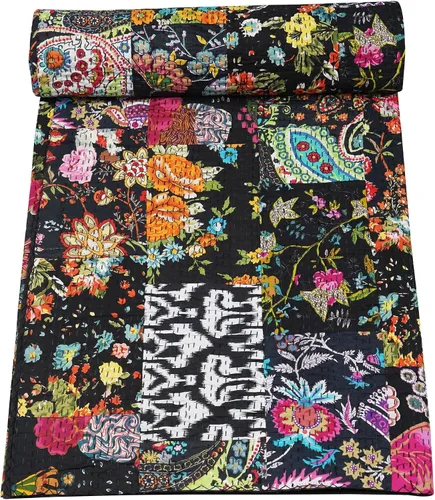 Vista 29 de Marubhumi Colchas hechas a mano tradicional de algodón puro con estampado de cachemira Kantha, funda de cama reversible con estampado de cachemira