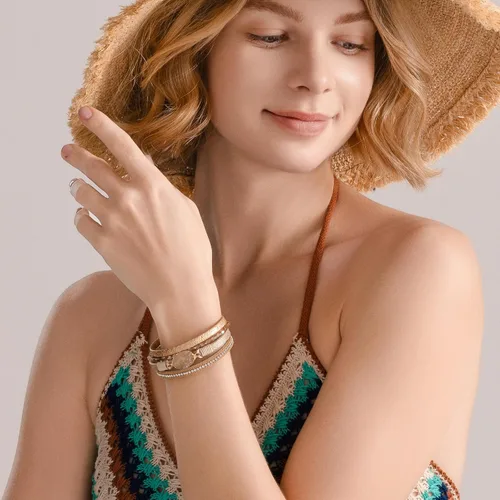 Vista 3 de FANCY SHINY - Pulsera de cuero estilo bohemio, pulsera de cuentas de cristal con cierre magnético, regalos de joyería para mujer