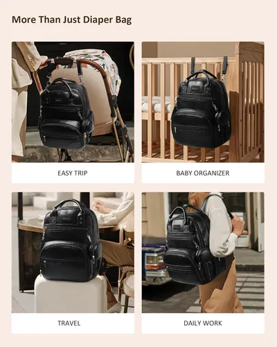 Vista 6 de ROSEGIN Mochila para pañales de cuero vegano de alta calidad con cambiador impermeable, cremalleras reforzadas y sin olor, organizador profesional