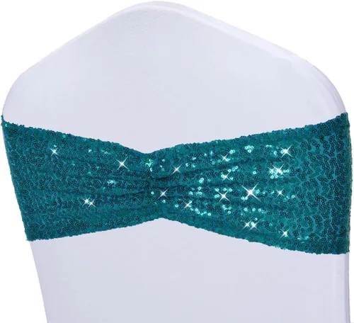 Vista 15 de Poise3EHome Bandas de silla de lentejuelas negras, bandas para sillas plegables para decoraciones de boda, ceremonia, banquete, 10