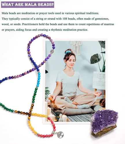 Vista 5 de Bivei Collar de cuentas de Mala, 108 pulseras largas con cuentas de perlas auténticas, cuentas de oración de Mala de loto y Buda, collar
