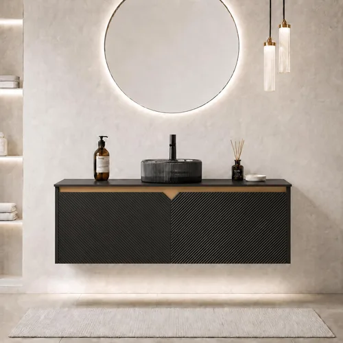 Vista 34 de Vanidad de baño flotante de 24 pulgadas con fregadero, gabinete estriado Fregadero de cerámica negro + negro