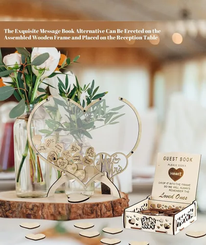 Vista 7 de Qivine Libro de visitas, libro de invitados de decoración de boda de corazón de madera, recuerdos de boda de acrílico para invitados con soporte