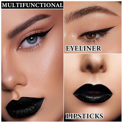 Vista 4 de Juego de 2 delineadores de labios negros y pintalabios, alta pigmentación de larga duración, color negro mate líquido para mujeres, brillo de labios