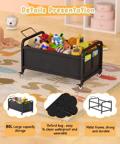 Vista 2 de Caja grande de juguetes para niños de 80 litros con ruedas, organizador de almacenamiento de baúl de juguetes para niños pequeños, niños, niñas