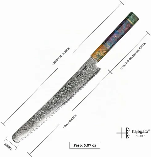 Vista 2 de Cuchillo de chef de Damasco, rebanador de pan, mango único, profesional, de 10 pulgadas, cuchillo de cocina japonés Vg10, 67 capas, cuchillo