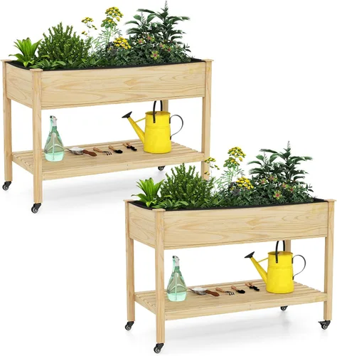 Vista 10 de Giantex Cama de jardín elevada móvil, maceta de madera con ruedas, estante de almacenamiento y forro, cama elevada enrollable de 47 x 23 x 33