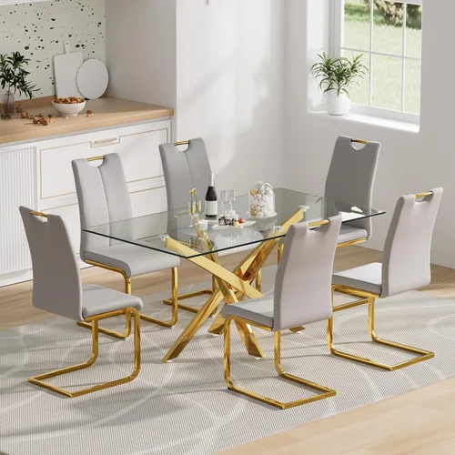 Vista 19 de Juego de mesa de comedor de cristal para 4, juego de mesa de cocina moderno de 5 piezas 52''Rectangular Glass Dining Set with 4 PU Leather